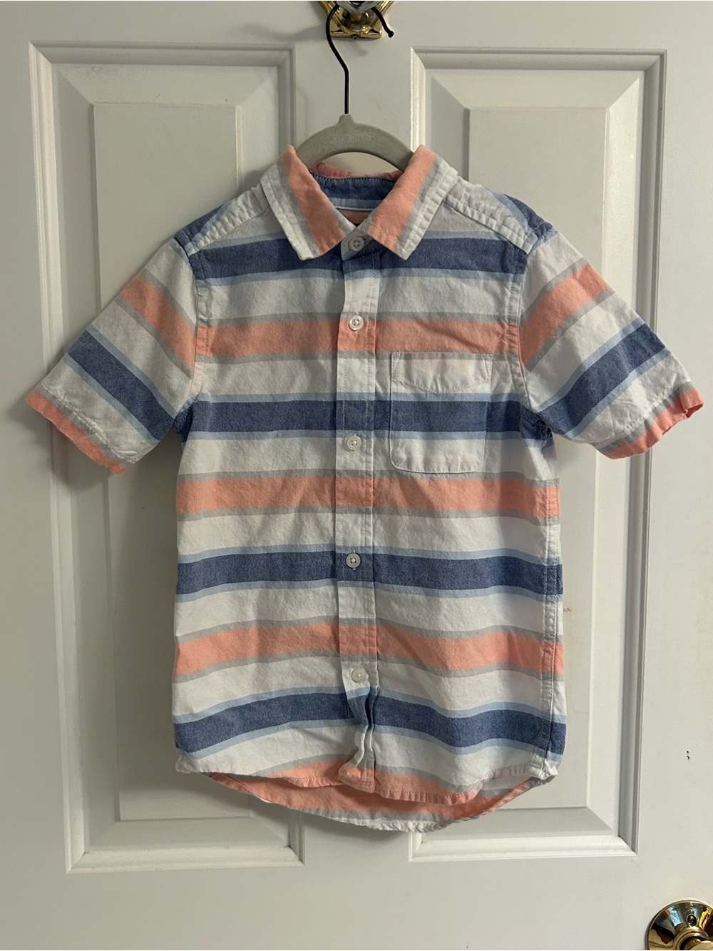 Boys Short-Sleeve Striped Button-Up Shirt - White, Blue & Peach
